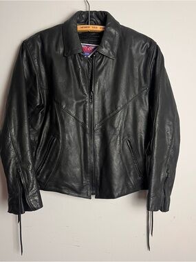 Vintage Women's Black Leather Zip-Front Jacket with Side Lace Detailing